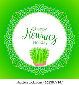 Vector Happy Nowruz Holiday greeting card. Banner with lettering, wheat grass, flowers, leaves for holiday spring celebration. Novruz. Navruz. March equinox. Iranian, Persian New Year. Colorful label.