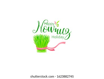 Vector Happy Nowruz Holiday greeting card. Banner with lettering, wheat grass for holidays spring celebration. Novruz. Navruz. March equinox. Iranian, Persian New Year. Colorful label. Springtime.
