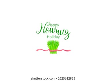 Vector Happy Nowruz Holiday greeting card. Banner with lettering, wheat grass for holidays spring celebration. Novruz. Navruz. March equinox. Iranian, Persian New Year. Colorful label. Springtime.