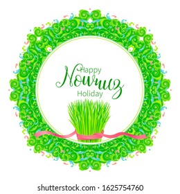 Vector Happy Nowruz Holiday greeting card. Banner with lettering, wheat grass, flowers, leaves for holidays spring celebration. Novruz. Navruz. March equinox. Iranian, Persian New Year. Colorful label