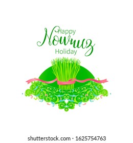 Vector Happy Nowruz Holiday greeting card. Banner with lettering, wheat grass for holidays spring celebration. Novruz. Navruz. March equinox. Iranian, Persian New Year. Colorful label. Springtime.