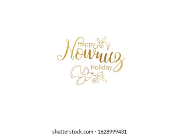 Vector Happy Nowruz Holiday greeting card. Banner with lettering, golden bird, flowers, leaves for holiday spring celebration. Novruz. Navruz. March equinox. Iranian, Persian New Year. Springtime.