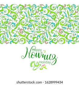 Vector Happy Nowruz Holiday greeting card. Bright green banner with  flowers, leaves for holidays spring celebration.  Novruz. March equinox. Navruz. Iranian, Persian New Year. Colorful floral border.