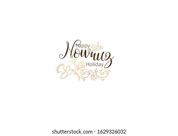 Vector Happy Nowruz Holiday greeting card. Banner with lettering, golden bird, flowers, leaves for holiday spring celebration. Novruz. Navruz. March equinox. Iranian, Persian New Year. Springtime.