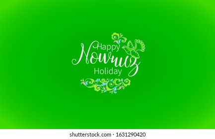 Vector Happy Nowruz Holiday greeting card. Banner with lettering, bird, flowers, leaves for holiday spring celebration. Novruz. Navruz. March equinox. Iranian, Persian New Year. Colorful label. Spring