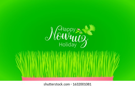 Vector Happy Nowruz Holiday greeting card. Banner with lettering, bird, wheat grass for holidays spring celebration. Novruz. Navruz. March equinox. Iranian, Persian New Year. Colorful card. Springtime