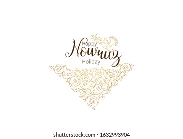 Vector Happy Nowruz Holiday greeting card. Banner with lettering, bird, floral for holidays spring celebration. Novruz. Navruz. March equinox. Iranian, Persian New Year. Golden label. Springtime