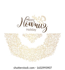 Vector Happy Nowruz Holiday greeting card. Banner with lettering, bird, floral for holidays spring celebration. Novruz. Navruz. March equinox. Iranian, Persian New Year. Golden label. Springtime