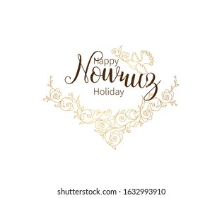 Vector Happy Nowruz Holiday greeting card. Banner with lettering, bird, floral for holidays spring celebration. Novruz. Navruz. March equinox. Iranian, Persian New Year. Golden label. Springtime