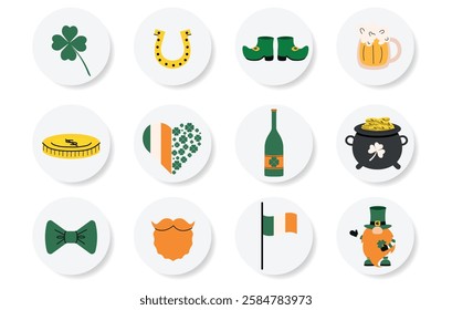 Vector Happy Patrick's Day big round stickers set. Clover, gold coins pot, flag, moustache, horseshoe, leprechaun, hat, flags and bow tie for decorating gifts, banners, postcards, greeting cards.