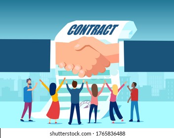 Vector of happy people standing on a background of a businessmen shaking hands and a contract document 
