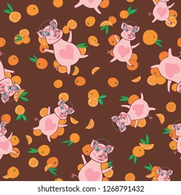 Vector Happy Pig in Bright Oranges Pattern
Seamless texture with Symbol of the Year with heart shape glasses and headphones