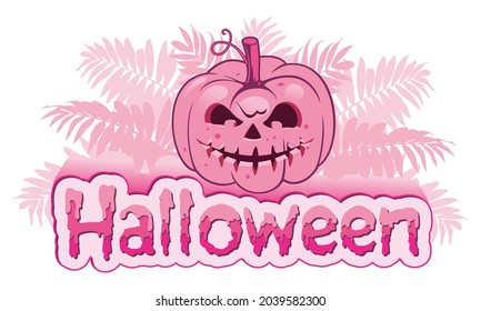Vector Happy pink day Halloween card with pumpkin and leaves. Pink Halloween typography poster with text and decorative elements. Calligraphy lettering quote, postcard in pastel colors.