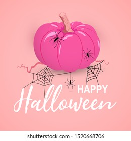 Vector Happy pink Halloween day card with pumpkin and spiders. Pink Halloween typography poster with text and decorative elements. Calligraphy lettering quote, pastel colors greeting card.