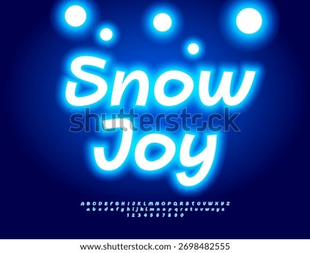 Vector Happy poster Snow Joy with Glowing Blue Alphabet Letters and Numbers set. Illuminated Artistic Font