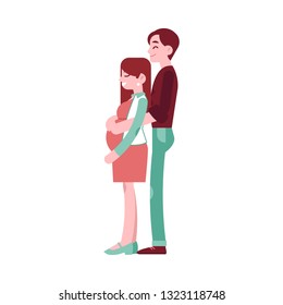Vector happy pregnant woman with belly, man hugging her with a smile. Adult couple future parents of a baby. Concept of pregnancy and motherhood. Isolated illustration