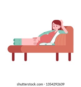 Vector happy pregnant woman with belly lying at cough reading book smiling. Future mother of a baby, adult female character. Concept of pregnancy and motherhood. Isolated illustration