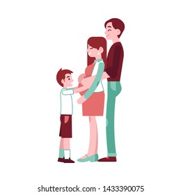 Vector happy pregnant woman with belly, man hugging her with a smile and small boy kid embracing. Adult couple future parents of a baby. Concept of pregnancy and motherhood. Isolated illustration