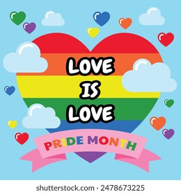 Vector Happy pride month LGBTQ quote banner, card, poster design. Rainbow cute hearts with clouds on blue background and text "LOVE IS LOVE" for LGBTQ rights, awareness, equality concept illustration.