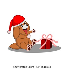 vector of happy puppy getting a christmas gift