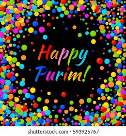 Vector Happy Purim carnival text with colorful rainbow colors paper shiny confetti frame isolated on black background. Birthday template. Purim Jewish holiday.