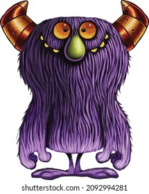 a vector of a happy purple monster. he's hairy, has horns and long ams