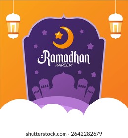 Vector happy ramadhan kareem with mosque and moon 