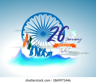Banner del Día de la República Feliz del Vector, 26 de enero, fiesta nacional de la India, soldados con bandera, plantilla para sitio web y medios sociales.