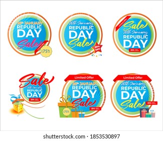 Vector Happy Republic day offer label set, 26 january, Sale, ashoka chakra, limited period offer, gift boxes, discount stickers for advertising and UI.