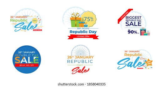 Vector Happy Republic day offer label set, 26 january, Sale, ashoka chakra, limited period offer, gift boxes, discount stickers for advertising and UI.