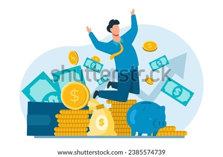 Vector of a happy rich man celebrating income growth, successful investment 