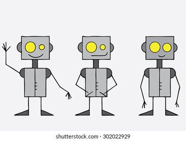 Vector happy robots standing on white background.