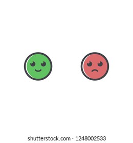 Vector happy and sad smile icon. Emotion icon. Greem and red emoji. Like and dislike symbol idolated on white background