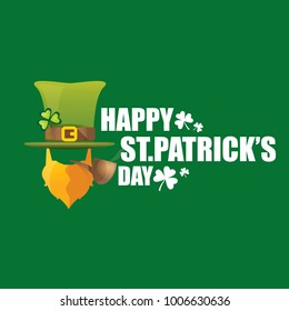 vector happy saint patrick day flat label with leprechaun, green hat, red beard and smoking pipe isolated on green background. saint patrick day party poster or banner design template