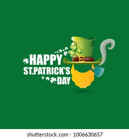 vector happy saint patrick day flat label with leprechaun, green hat, red beard and smoking pipe isolated on green background. saint patrick day party poster or banner design template