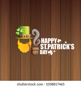 vector happy saint patrick day flat label with leprechaun, green hat, red beard and smoking pipe isolated on wooden background. saint patrick day party poster or banner design template