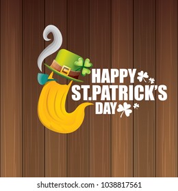 vector happy saint patrick day flat label with leprechaun, green hat, red beard and smoking pipe isolated on wooden background. saint patrick day party poster or banner design template