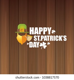 vector happy saint patrick day flat label with leprechaun, green hat, red beard and smoking pipe isolated on wooden background. saint patrick day party poster or banner design template