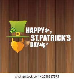 vector happy saint patrick day flat label with leprechaun, green hat, red beard and smoking pipe isolated on wooden background. saint patrick day party poster or banner design template