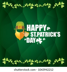 vector happy saint patrick day flat label with leprechaun, green hat, red beard and smoking pipe on abstract green background. saint patrick day party poster or banner design template