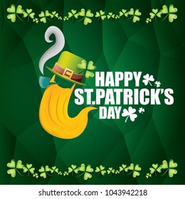 vector happy saint patrick day flat label with leprechaun, green hat, red beard and smoking pipe on abstract green background. saint patrick day party poster or banner design template