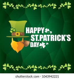 vector happy saint patrick day flat label with leprechaun, green hat, red beard and smoking pipe on abstract green background. saint patrick day party poster or banner design template