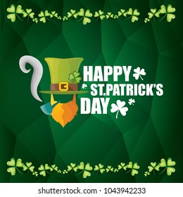 vector happy saint patrick day flat label with leprechaun, green hat, red beard and smoking pipe on abstract green background. saint patrick day party poster or banner design template