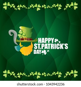 vector happy saint patrick day flat label with leprechaun, green hat, red beard and smoking pipe on abstract green background. saint patrick day party poster or banner design template