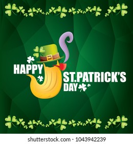 vector happy saint patrick day flat label with leprechaun, green hat, red beard and smoking pipe on abstract green background. saint patrick day party poster or banner design template