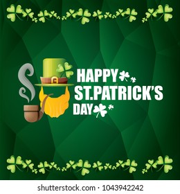 vector happy saint patrick day flat label with leprechaun, green hat, red beard and smoking pipe on abstract green background. saint patrick day party poster or banner design template
