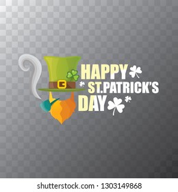 vector happy saint patrick day flat label with leprechaun, green hat, red beard and smoking pipe isolated on transparent background. saint patrick day party poster or banner design template