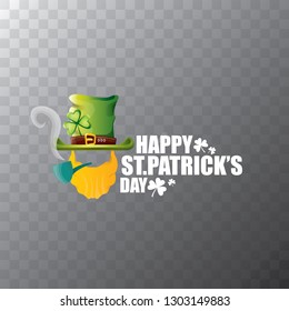 vector happy saint patrick day flat label with leprechaun, green hat, red beard and smoking pipe isolated on transparent background. saint patrick day party poster or banner design template