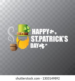 vector happy saint patrick day flat label with leprechaun, green hat, red beard and smoking pipe isolated on transparent background. saint patrick day party poster or banner design template