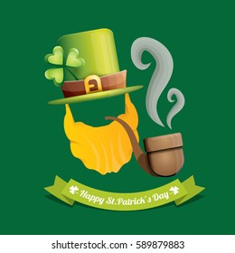 vector happy saint patrick day flat label with leprechaun, green hat, red beard and smoking pipe isolated on green background. saint patrick day poster or banner design template